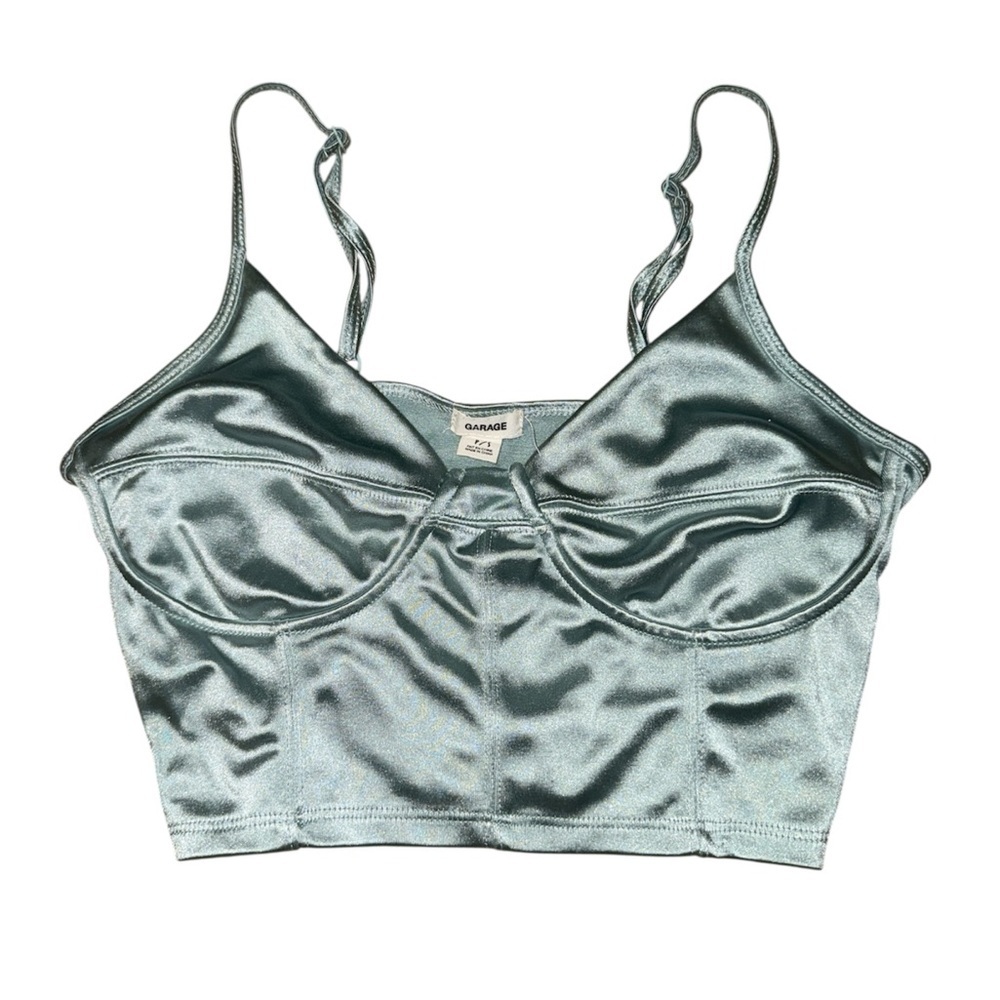 Garage light blue sleek shiny silver blue long line bra women’s size P/S